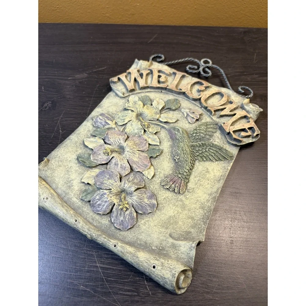 Joann Welcome Hummingbird Plaque Decor Hanging Heavy Key Holder Floral Bird 2002